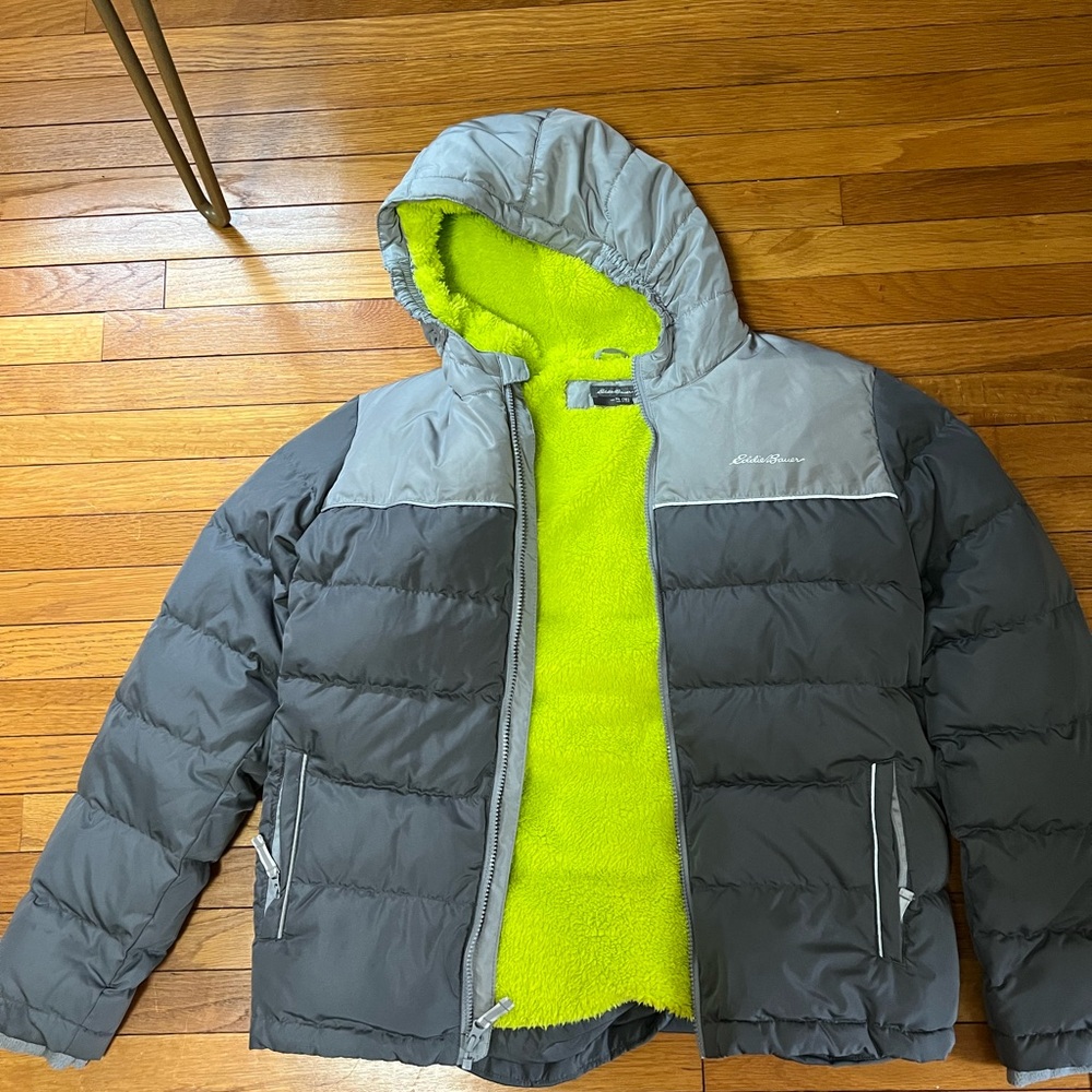 Eddie Bauer Gray and Green Puffer Jacket with Hood.